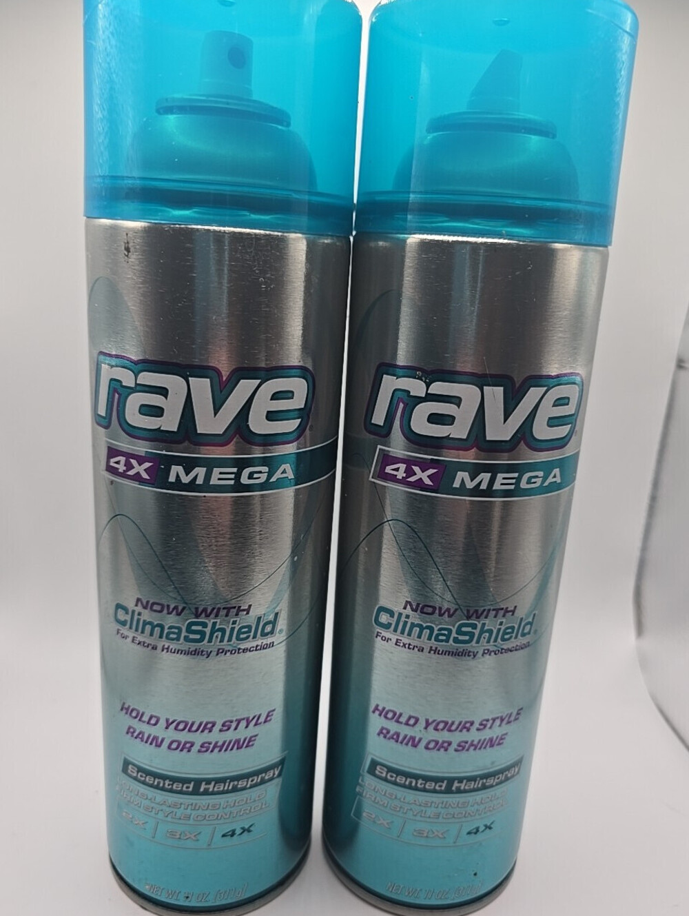 LOT (2) Rave 4X Mega 11oz ClimaShield Unscented Hairspray Can Long-Lasting Hold